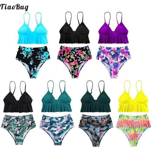 TiaoBug Summer 2Pcs Pregnant Women Swimsuit Sleeveless Adjustable Straps Ruffle Padded Top With Floral Printed Bottoms Bikini