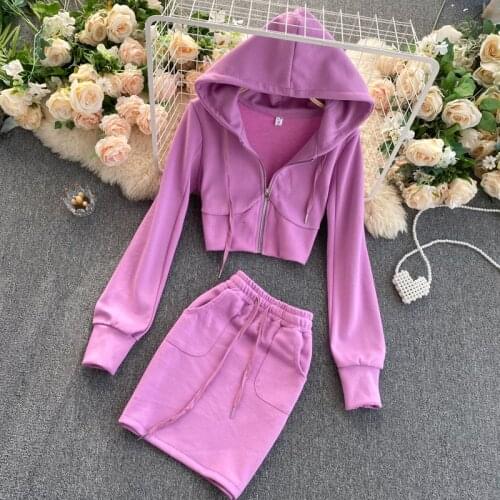 Fashion skirt Pure cotton suit spring/summer 2021 new womens casual hooded cardigan jacket short buttocks skirt 2-piece set 124