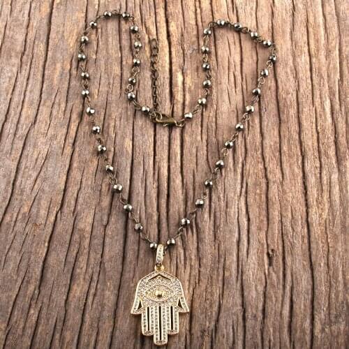 MD Fashion Bohemian Jewelry 4mm Hematite Links Chain Micro Zircon Pave Hamsa Hand Pendant Necklaces Women Boho Choker Necklace