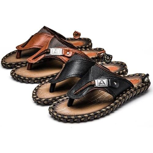 Mens Sandals Summer Shoes Outdoor Beach Genuine Leather Flip Flops Men Slippers Moccasins Casual Shoes Slippers for Men