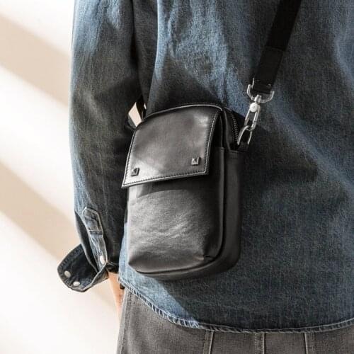 Genuine leather mini mens bag, top layer leather trendy messenger bag, casual all-match mobile phone bag