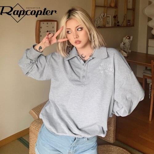 Rapcopter Gray Letter Sweatshirts y2k Casual Loose Pullovers Long Sleeve Turn Down Collar Autumn Tops Prepply Harajuku Women 90s
