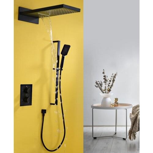Concealed Matte Black Rain Waterfall Shower Set Thermostatic Mixer Tap Bath Shower Three Ways Shower Faucet Wall Mounted