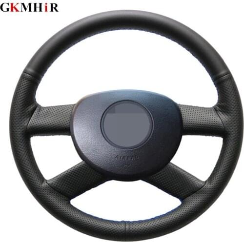 Hand-stitched Black Genuine Leather DIY Car Steering Wheel Cover for Volkswagen VW Polo 2003-2006