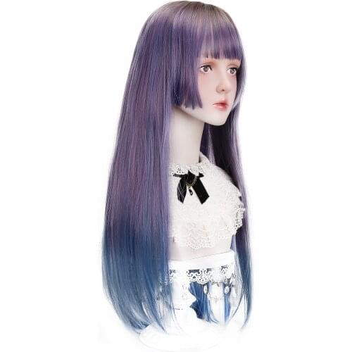 Free Beauty Long Straight Synthetic Ombre Black Hair Wigs with Korean Air Bangs for Women Lolita Japan Harajuku Cosplay Party
