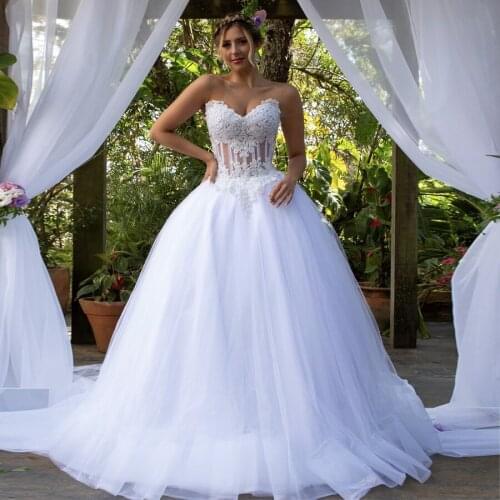 A-Line Sheer Bodice Tulle White Wedding Dress Applique Lace New Vestidos Bridal Gowns 2021 for Brazil
