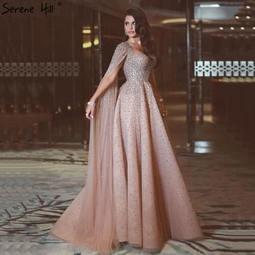2020 Dubai Crystal Floating Sleeves A-Line Formal Dress Gold Backless Sexy Luxury Evening Dresses Serene Hill BLA70290