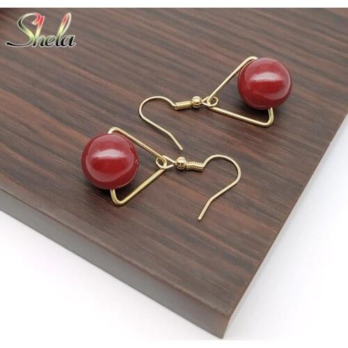 SHELA Semi-precious Stone Dangle Drop Earrings for Women Fashion Statements Red Stone Copper Geometric Pendientes
