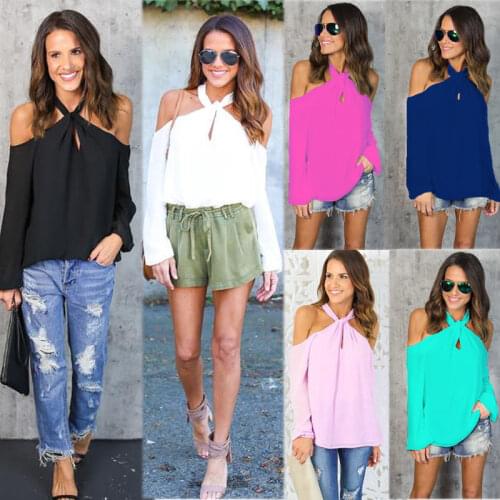 New Women Sexy Strapless Halter Loose Long Sleeve Casual Blouse Shirt Tops Fashion Womens Blouse Clothing