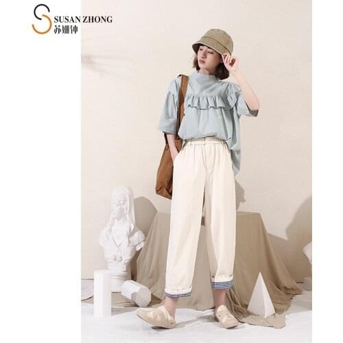 Women Pants Feme Trousers 2021 Spring Summer Natural Normcore Vintage Indi Clothing Loose Harem Cotton Elastic Waist Check Hem