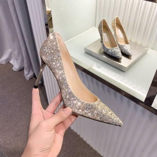 Stiletto High heels Women Fashion Black pointed Toe Sequined heels electroplating heel Star style Single shoes Red party Slingb