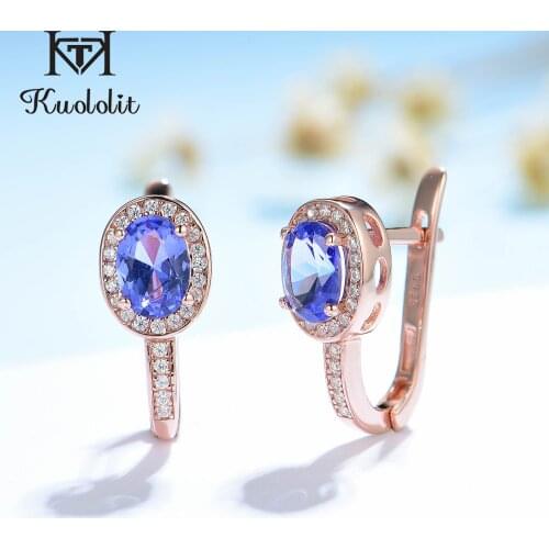Kuololit 585 Rose Gold Tanzanite Gemstone Clip Earrings for Women Genuine 925 Sterling Silver Oval 5*7 Jewelry for Engagement