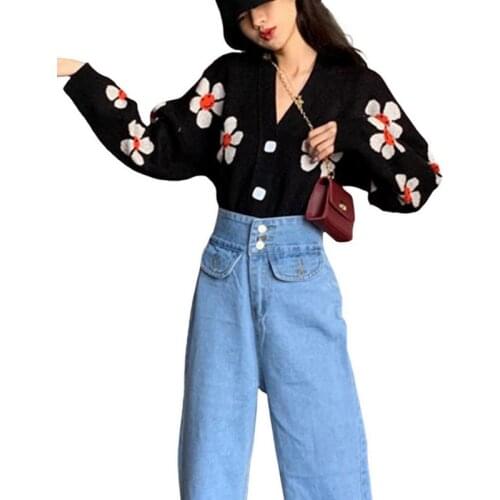 2021 Women Sweater Floral Print Spring Autumn V-Neck Button Up Single Breasted Loose Cardigan Ladies Streetwear