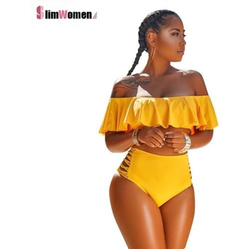 Women Yellow Bikini Set Swimwear Summer Sexy Bandage Beachwear Ladies Brazilian Beach Top Bathing Suit Ruffle 2pc Swimsuit S-3XL