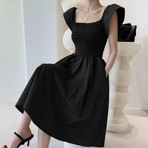 Classic British Style Slim High Waist Smocked Women Midi Dress Big Hem Square Neck Lady Dress