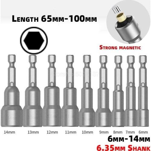 1/4" Hex Shank 65MM/100MM Length Electric Power Magnetic Screwdriver Nut Driver Set Impact Metric Wrench Socket Bit Crv Screw