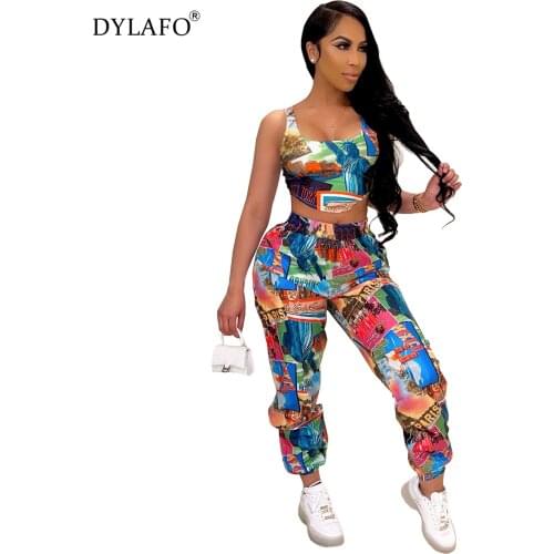 2021 Stylish Womens Statue Of Liberty Random Print Vest and Trousers Set Tracksuit Casual Sport Wear Sweatsuit Outfits