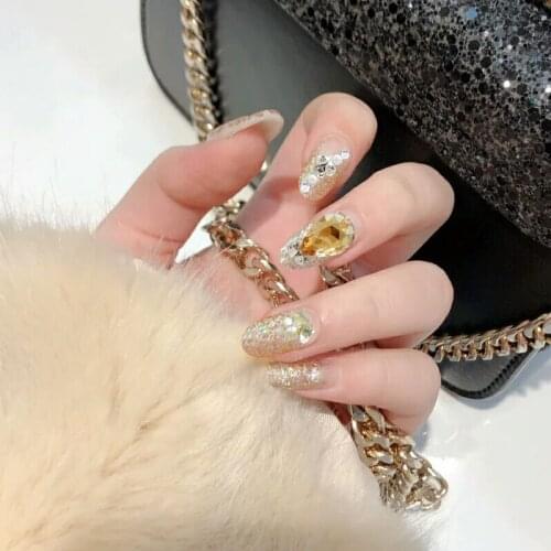 24pcs Long Transparent Fake Nails Gold Silver Nail Glitter Artificial Crystal Oval French Press On Nails New Manicure Design