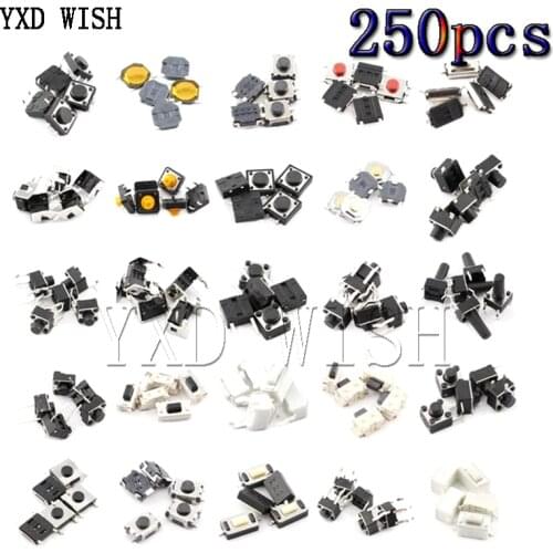250pcs/lot Touch Switch/Micro Switch /Push Buttons Switches 25 Types Assorted Kit 2*4/3*6/4*4/6*6 For DIY Tool Package Switches