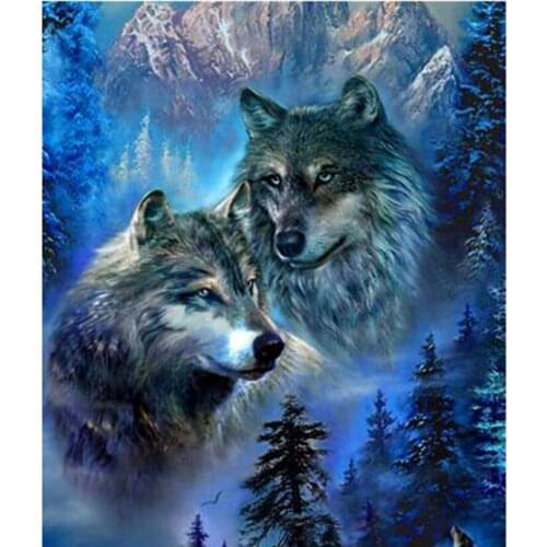 5D DIY Diamond Painting Animal Figure Double Wolf Picture Square/Round Diamond Cross Stitch Embroidery Decorative Painting TX179