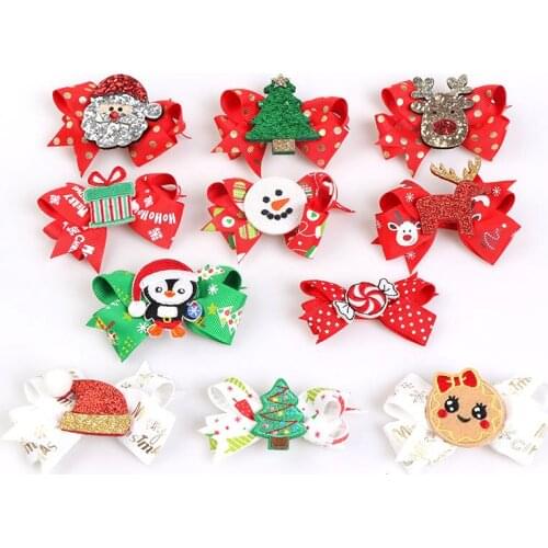 1 Pcs Small Christmas Print Hair Bows Cute Glitter Elk Accessories Hair Clips For Kids Festival Gift Snowman Hair Accessories