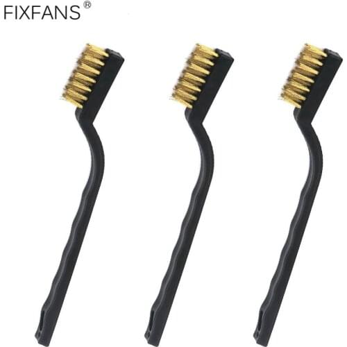 FIXFANS 3Pcs Mini Brush with Brass Bristle Curved Handle Brass Wire Brushes Tools for Cleaning Welding Slag and Rust