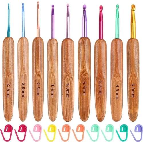 9 Pieces Crochet Hook Set Long Aluminum Knitting Needle with Bamboo Handle for Yarn Craft with 10pcs Stitch Markers