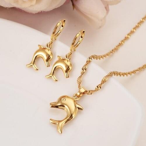 Gold Color Small Size Cute Dolphin Pendant Necklaces and Earrings for Women/Girls,Papua New Guinea Jewelry Party Gifts