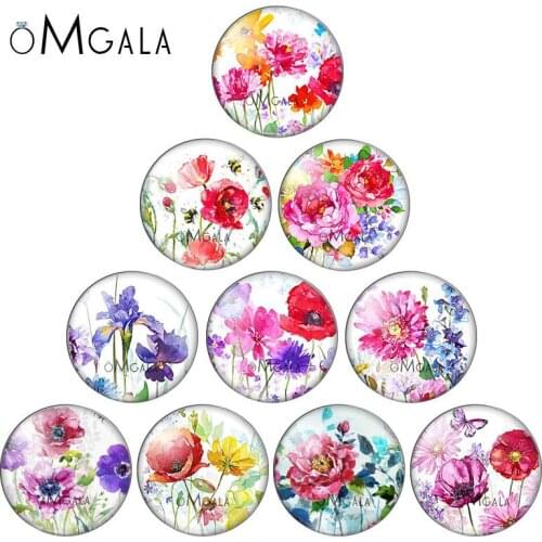 Colorful Watercolor Rose Flowers Pattern 8mm/10mm/12mm/18mm/20mm/25mm Round photo glass cabochon demo flat back Making findings