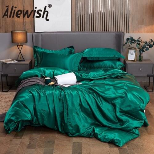 Luxury Solid Color Satin Silk Duvet Cover Sets Pillowcase Flat Bed Linens Sheet Washed Modern Bedding Set King Size Bedclothes