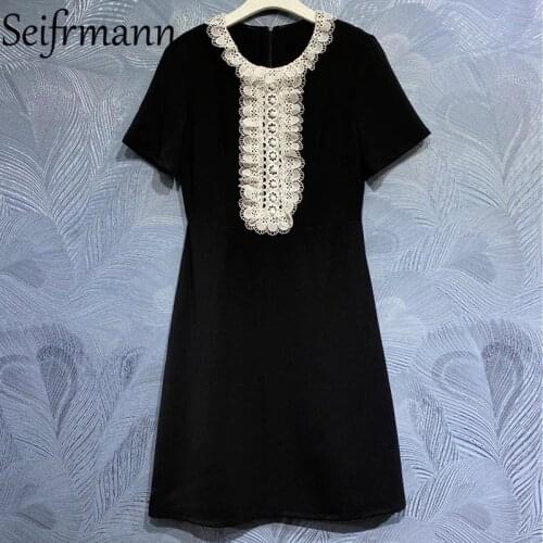 Seifrmann New 2021 Summer Women Fashion Runway Party A-Line Dress Short Sleeve Gorgeous Lace Beading Black Print Midi Dresses