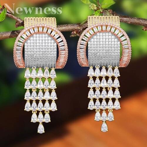 Newness Luxury Geometric Tassels Cubic Zirconia Statement Big Hoop Earrings For Women Wedding DUBAI Bridal Round Earrings