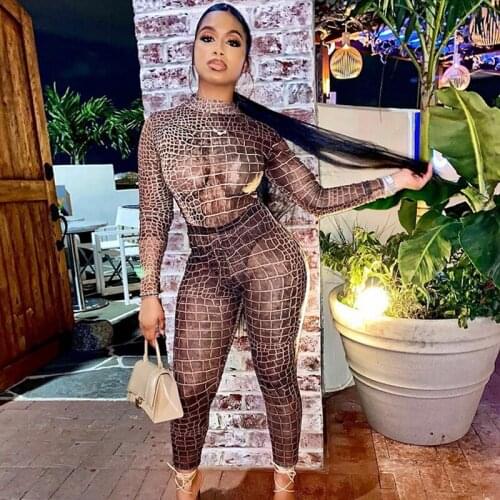 SEASONS 2020 Snake Print Mesh see-through Bodysuit Leggings 2 Pieces Set Autumn Winter Women Fashion Streetwear Sexy ASSU81687