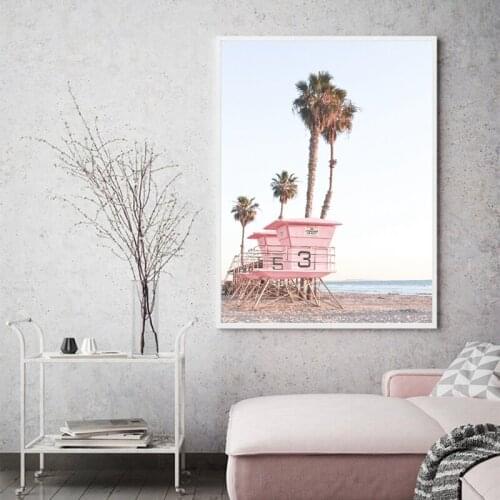 Nordic Canvas Print Pink Coast Guard Tower Coastal Palm Trees Summer Beach Seascape Art Painting Picture Living Room Wall Decor