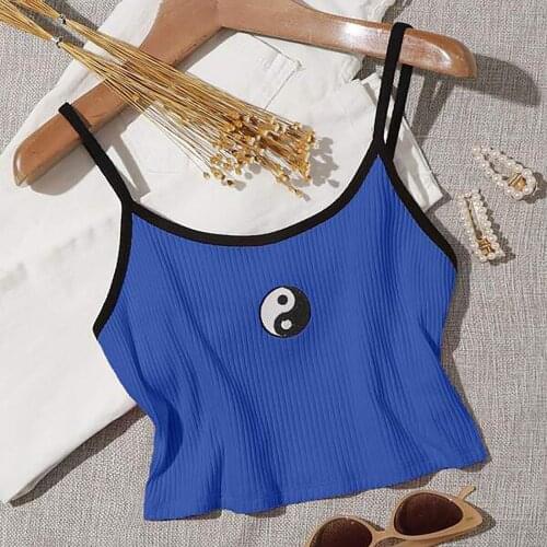 Light Thin Womens Underwaist Tops Funny Retro Tai Chi Printing Fashion Sexy Round-Neck Sling Simplicity Vest Tops Pullovers