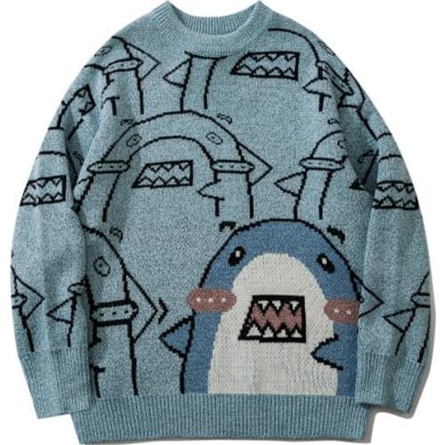 Sweater Men Harajuku Knitted Hip Hop Streetwear Shark Cartoon Pullover O-Neck Loose Casual Couples Male Sweaters Autumn