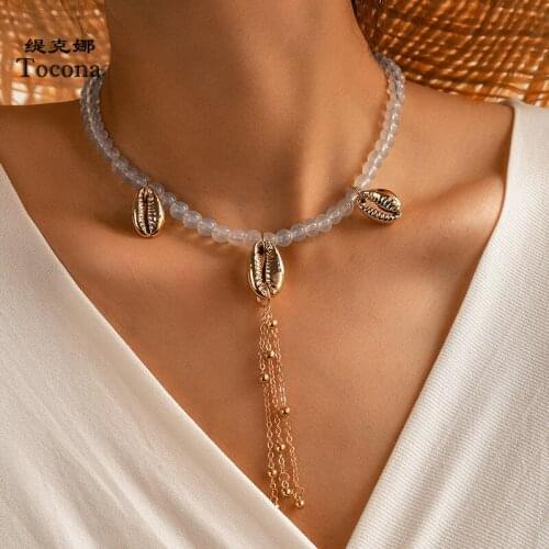 Tocona Bohemian Clear Bead Pendant Necklace for Women Summer Shell Gold Alloy Metal Chain Long Party Jewelry Gift 14099