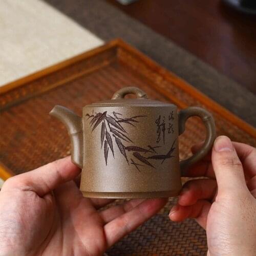 ★Yixing recommended manufacturers selling 】 undressed ore its period of mud all hand carved bamboo cup pot teapot tea set