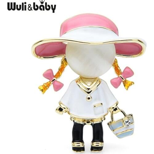 Wuli&baby Enamel Opal Carry Bag Girl Brooches Women Alloy 2-color Wearing Hat Girl Figure Office Casual Brooch Pins Gifts