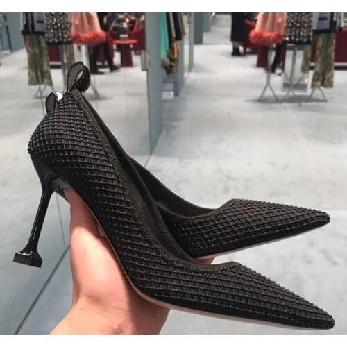 Moraima Snc Newest 10CM Heel Woman Shoes Sexy Pointed Toe Mesh Grid Patchwork Party Dress Heels Lady Pumps