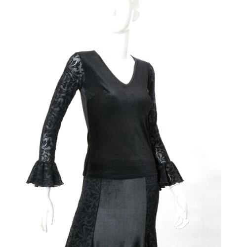 New V-Neck Women Blue Red Black flocking S-XXXL Polyester tango Latin Dance Top Modern Ballroom Dance Tops Women