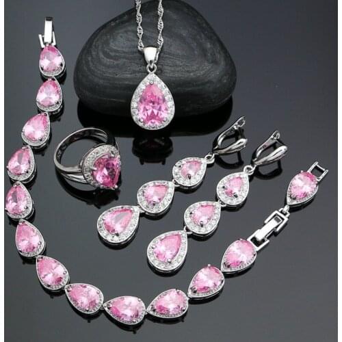 925 Silver Bridal Jewelry Sets For Women Pink Cubic Zirconia White Crystal Ring Bracelet Pendant Necklace Long Earrings Set