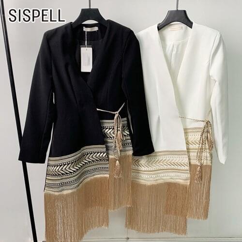 SISPELL Irregular Hem Womens Coat Lapel Collar Long Sleeve Patchwork Tassel Lace Up Bowknot For Female Casual Coats Tide 2021