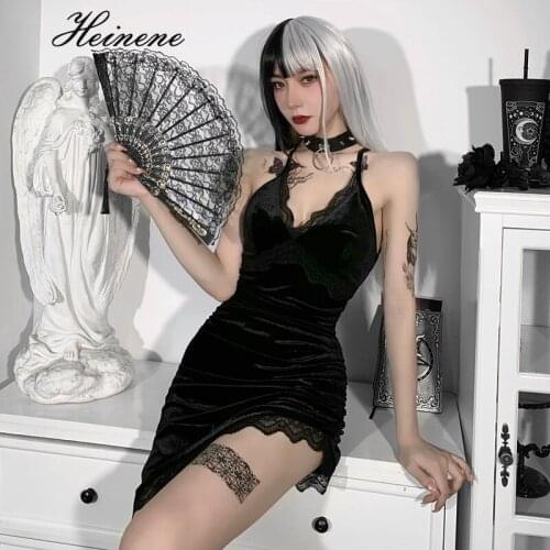 Heinene Gothic Summer Party Lace Sexy Bodycon Skinny Mini Dress Off Shoulder Harajuku Streetwear Backless Party Club Patchwork