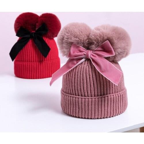 Winter Double Pompom Knitted Hat For Kids Girls Warm Thick Baby Caps With Bow Childrens Accessories Bonnet