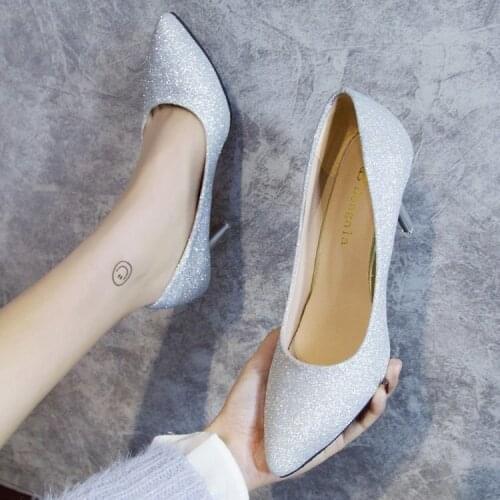 2021Classic Pumps Fashion Wedding Shoes Black Women High Heels Square Heel Women Shoes Sexy Glitter Sequin Leather Party Shoes