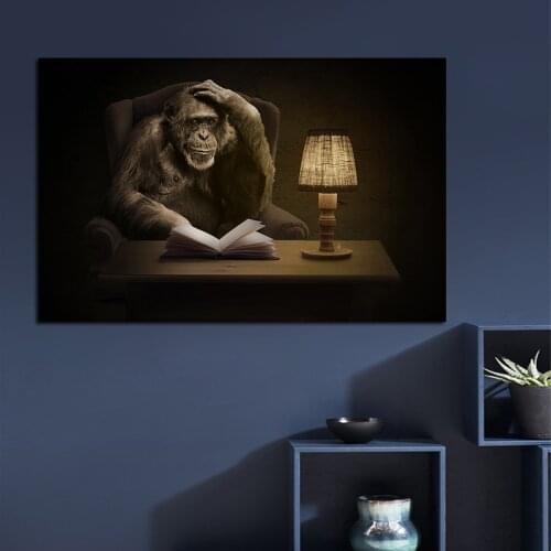 Abstract Funny Canvas Painting Orangutan Read Books Wall Art Animal Posters and Prints for Living Room Frameless