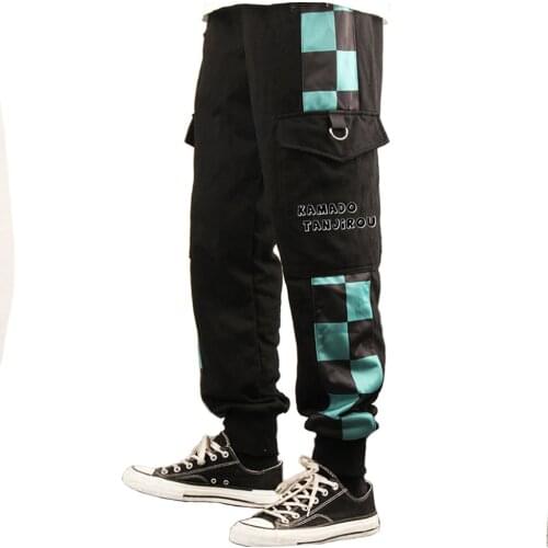 Anime Demon Slayer Kamado Tanjirou Cosplay 3D Printed Pocket Cargo Pants Cotton Blend Casual Loose Trousers Overalls