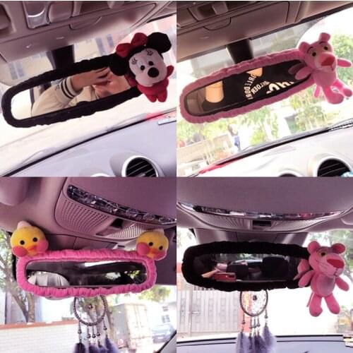 Rearview mirror cover New cute bear rabbit chicken rear view mirror set cute cartoon Korean mirror safety belt cover car interio
