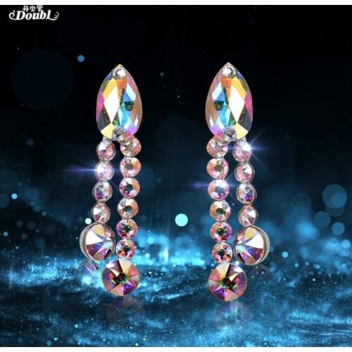Doubl Professional Long ear stud Dance Accessories Latin Shining Competition Earrings Performance Rhinestone Glitter Crystal
